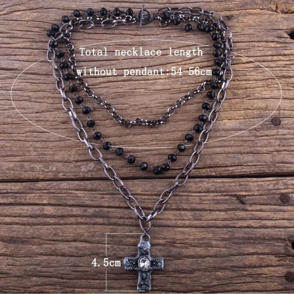 Layered Silvertone & Black Beaded Christian Cross, Western, Festival Necklace